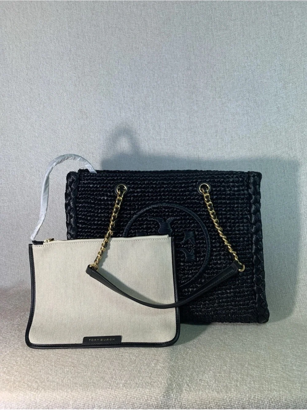 NEW Tory Burch Ella Melange Chain Strap Black Raffia Small Tote Bag